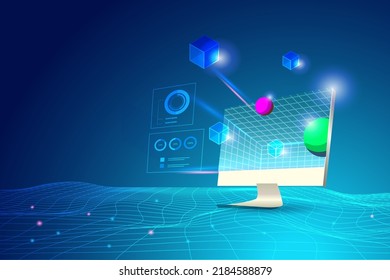 Block chain technology connecting digital cube to big data on computer. Online exchange  and transfer security business information in futuristic background.