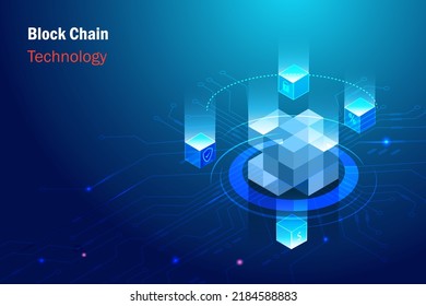 Block chain technology connecting digital cube to big data. Online exchange  and transfer security business information in futuristic background.