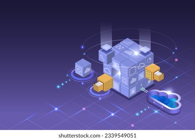 Block chain technology connecting digital cube to big data and cloud computing visualization, online exchange and transfer security business information in futuristic background. 3D isometric vector.