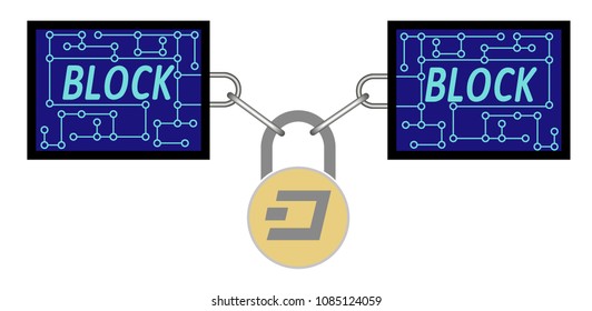 block chain technology of dash with secure lock on white background , chain with lock between blocks , crypto currency block chain design concept color