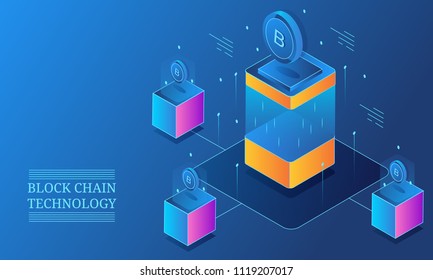 Block chain technology, Digital public ledger - 3D style isometric conceptual design banner
