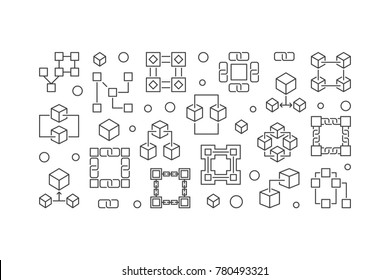 Block Chain Technology Horizontal Banner. Vector Blockchain Illustration In Outline Style