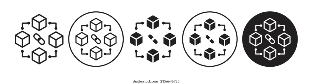 Block chain technology icon. Crypto currency security digital network symbol. Vector of 3D box model with inter link. Data structure connection channel logo