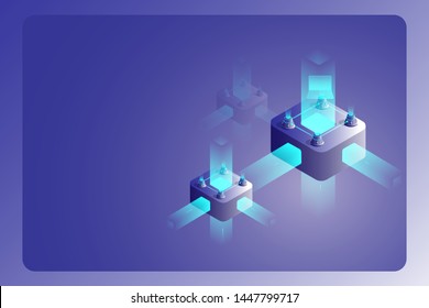 Block chain technology Landing page concept. Isometric 3d of block platform transfer data. business and financial futuristic background.