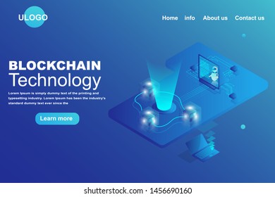 Block chain technology Landing page concept. Isometric 3d of transfer data on block platform . business and financial futuristic background.