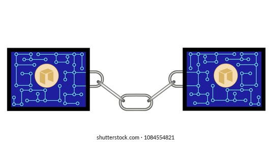 block chain technology of neo with chain between blocks on white background.