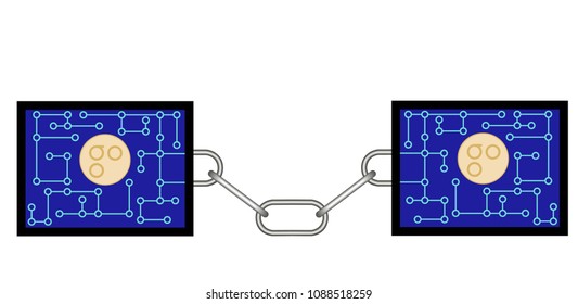 block chain technology of omisego with chain between blocks on white background , crypto currency block chain design concept color