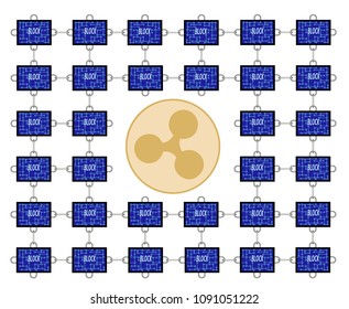 block chain technology of ripple with chain between blocks on white background, block chain design concept color, blocks with ripple coin in the center, block have the word block in the middle