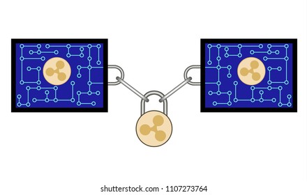 block chain technology of ripple with secure lock on white background , chain with lock between blocks , crypto currency block chain design concept