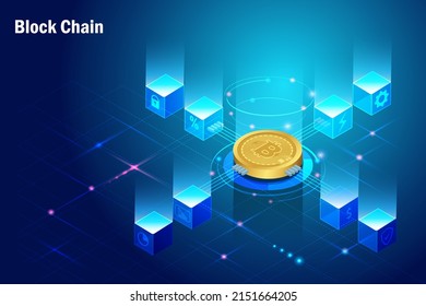 Block chain technology in secure finance network connecting digital cube to big data visualization, online transaction security business financial and banking in futuristic background.