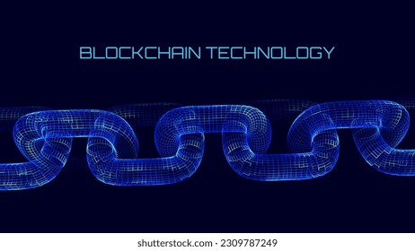 Block Chain Technology Vector Background. Crypto Currency, Fintech Concept. 3D Wireframe Chain Network Connections. Future Finance System Concept.