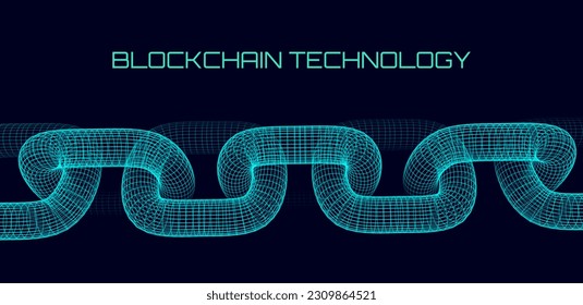 Block Chain Technology Vector Background. Crypto Currency, Fintech Concept. 3D Wireframe Chain Network Connections. Future Finance System Concept.