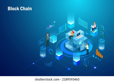 Block chain technology in workplace network connecting digital cube to big data visualization, online transaction security link, global business in futuristic background.