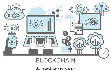 Block chain vector background illustration with notebook and icons.