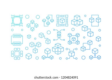 Block Chain vector blue horizontal illustration or banner in outline style on white background