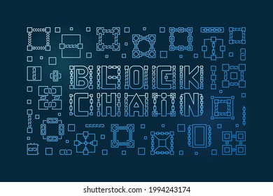 Block Chain vector blue outline illustration - Blockchain horizontal banner on dark background