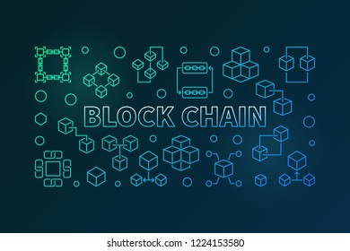 Block Chain vector colored horizontal illustration or banner in thin line style on dark background