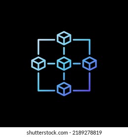 Blockketten-Vektorsymbol mit blauer Linie. 5 Blockchain Blöcke abstraktes farbiges Rahmenzeichen auf dunklem Hintergrund 