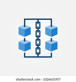 Block chain vector icon. Blue cubes with chain symbol. Blockchain technology design element