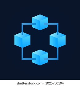 Block chain vector icon made with four bright blue cubes. Blockchain technology design element on dark background