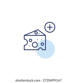 Bloque de queso y símbolo plus. Agregue cobertura, nuevos comestibles. Icono de Vector de trazo perfecto y editable