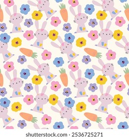 block color bunny and flowers drawing as vector for kids fashion pattern design