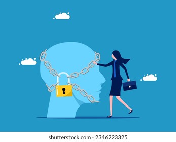 Block creativity. Businesswoman and head locked with padlock 