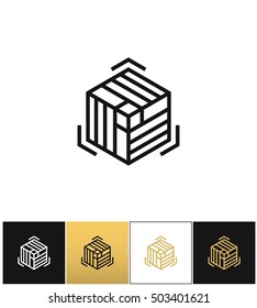 Block or cube 3D structure program on black, white and gold background