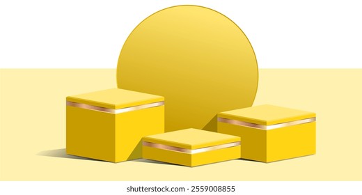 block cube podium with gold strip stage 3d Abstract minimal scene mockup products display studio, Stage showcase. Vector geometric forms	