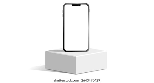 Block cube white podium, stage, pedestal, and platform with a blank smartphone vector. Excellent for tech product displays, app presentations, mockups, or digital content promotion.