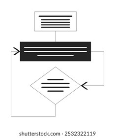 Objeto de linha 2D preto e branco do diagrama de blocos. Esquema de análise. Algoritmo de fluxograma esquemático. Árvore de decisão. Item de outline de vetor de clip-art isolado do fluxograma de estratégia. Ilustração de ponto monocromático