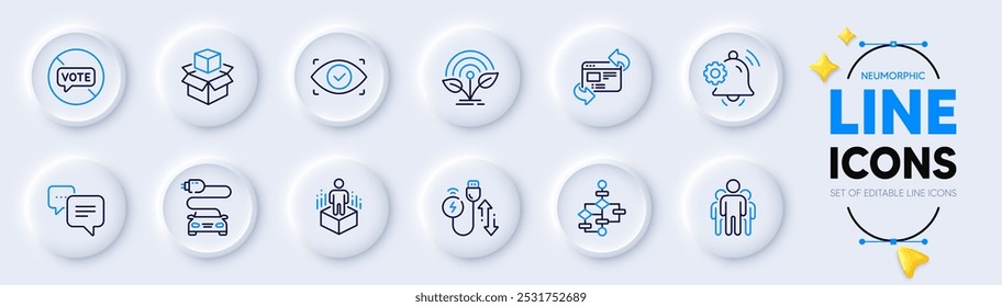 Diagrama de bloque, Recargo de coche y refrescar los iconos de la línea del Sitio web para el App del Web. Paquete de cajas de embalaje, cable de carga, detener la votación de iconos de pictogramas. Incubadora, campana de notificación, signos de realidad aumentada. Vector