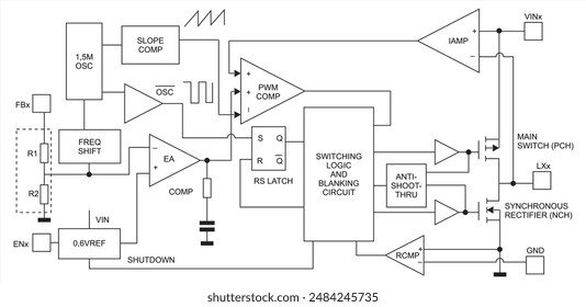 Block diagram of electronic device on sheet of paper.
Vector drawing electrical circuit with operational amplifier, 
signal generator, trigger, logic gates, resistor, 
integrated circuit, capacitor.