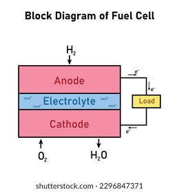 Block diagram of fuel cell. Schematic diagram of hydrogen fuel cell. Electrochemical cell. Vector illustration isolated on white background.