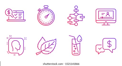 Block diagram, Head and Leaf line icons set. Online accounting, Timer and Water glass signs. Online video, Payment received symbols. Algorithm path, Profile messages. Business set. Vector