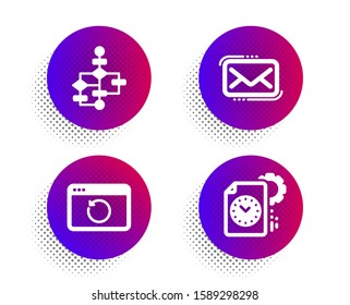 Block diagram, Messenger mail and Recovery internet icons simple set. Halftone dots button. Project deadline sign. Algorithm path, New e-mail, Backup info. Time management. Education set. Vector