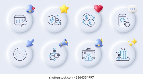 Block diagram, Radiator and Time management line icons. Buttons with 3d bell, chat speech, cursor. Pack of Calendar, Heart rating, Currency exchange icon. Vector