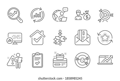 Block diagram, Sales diagram and Report statistics line icons set. Sallary, Targeting and Loyalty points signs. Checklist, Update data and Analytics symbols. Line icons set. Vector