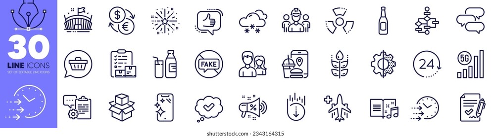 Block diagram, Transform and Talk bubble line icons pack. Sale megaphone, Smartphone clean, Milk web icon. Inventory checklist, Snow weather, Food app pictogram. Fake news, Music book. Vector