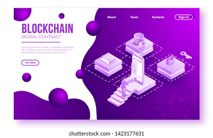 Block and digital chain concept technology for Blockchain Digital Contract page landing design.