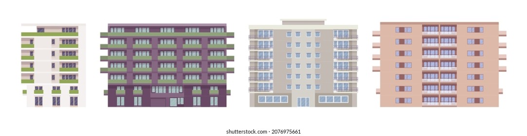 Block of flats contemporary architecture set, standard type, concrete design for city dwellers, large panel houses, multi-storey building complex. Vector flat style cartoon illustration, modular store