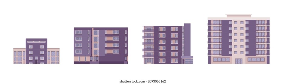 Block Of Flats Contemporary Detached Architecture Set, Standard Type, Concrete Design For City Dwellers, Large Panel Houses, Multi-storey Building. Vector Flat Style Cartoon Illustration Modular Store