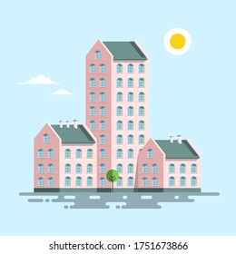 Block of Flats Houses Icon. Vector Apartment Buildings Symbol.