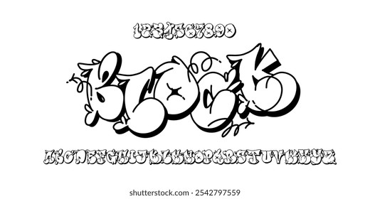 The Block Font . Graffiti Bubble Alphabet, tagging black Paint Font with uppercase letters, numbers and punctuation. spray, dripping characters . Perfect for street art, urban design cool typographi