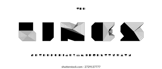 Block font logo alphabet geometric typography with lines thick square triangle geometry shape lettering for heavy title text, modern architect poster headline, creative branding. Vector typeset