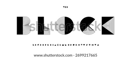 Block font logo alphabet geometric typography with lines square triangle rectangle circle shape lettering for abstract title text, modern architect poster headline, creative branding. Vector typeset