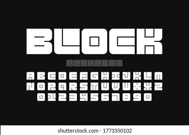 Block font, modular alphabet, letters and numbers vector illustration