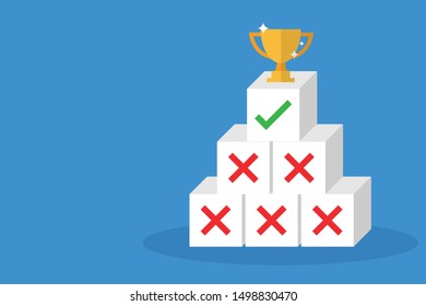 Block the green check mark and red wrong check mark. Ladder of success and trophies on the top. Business grows concept. Vector illustration in flat design. Copy-space for text.