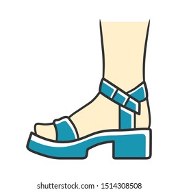 Block heel blue color icon. Woman stylish footwear design. Female casual shoes, ladies modern summer sandals side view. Fashionable retro clothing accessory. Isolated vector illustration