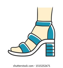 Block high heels blue color icon. Woman stylish footwear design. Female casual shoes, summer sandals with ankle strap side view. Fashionable clothing accessory. Isolated vector illustration